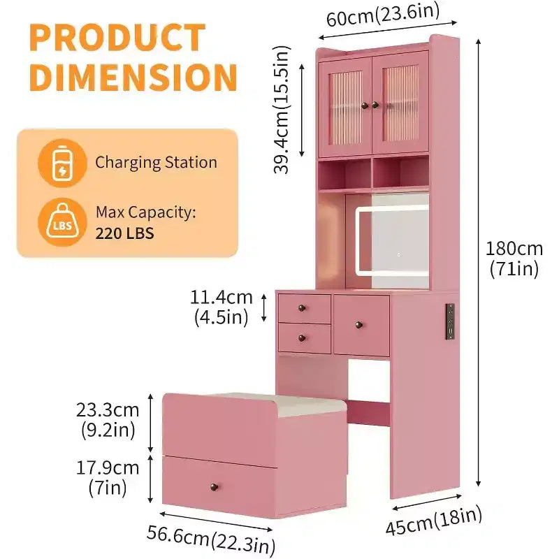 Coiffeuse 3-en-1 avec miroir lumineux, table de toilette compacte avec tiroirs, compartiment de rangement et tabouret roulant pour chambre à coucher