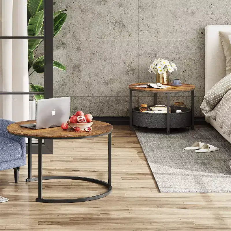 GALAXHERO Lot de 2 tables basses rondes gigognes - Tables d'appoint de 80 cm avec rangement et cadre métallique pour salon/appartement