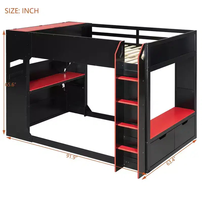 Lit mezzanine avec bureau réglable en hauteur, lumières RVB et rangement, lit gain de place pleine grandeur pour adolescents et adultes