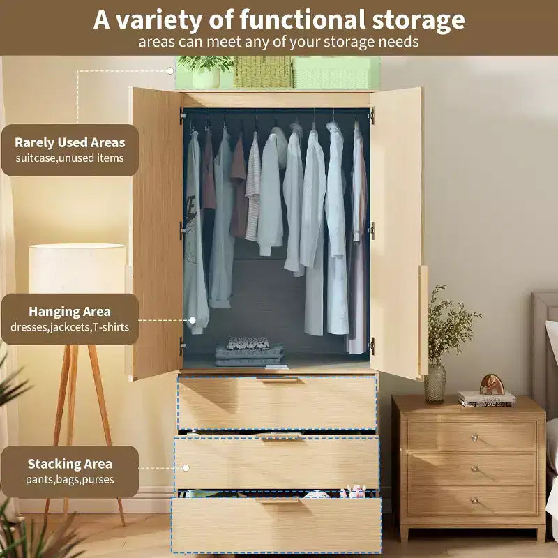 Armoire 2 portes avec 3 tiroirs et tringle de penderie