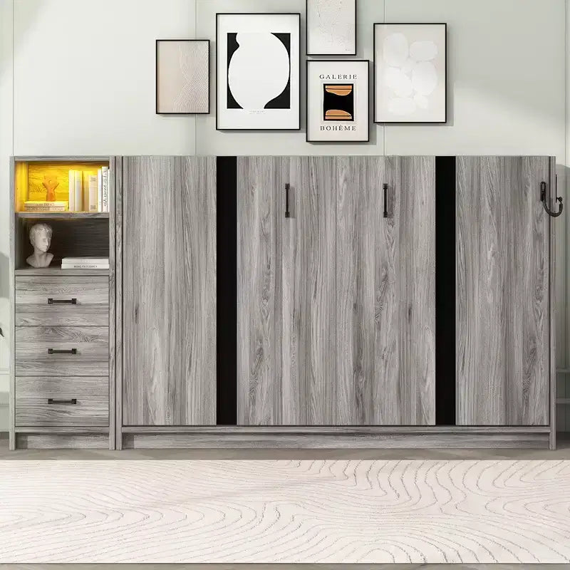 Lit escamotable GDFStudio Bennett en métal et bois, replié dans une armoire
