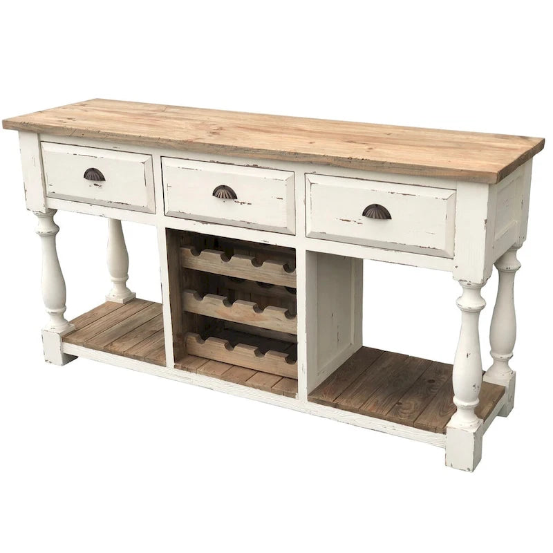 Console de Ferme Range-Bouteilles avec Finition Blanc Craie et Plateau Naturel