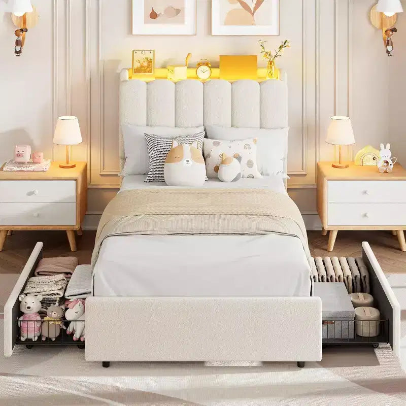Cadre de lit avec tête de lit de rangement, cadre de lit pour enfant avec 2 tiroirs, lit plateforme capitonné en tissu, tête de lit profilée avec bibliothèque