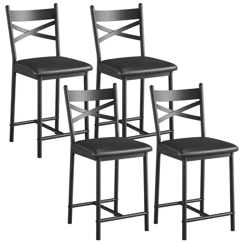 Lot de 4 tabourets de bar, chaises de bar rembourrées en PU, chaises d'îlot de cuisine avec dossier en X et repose-pieds en métal, chaises de comptoir noires