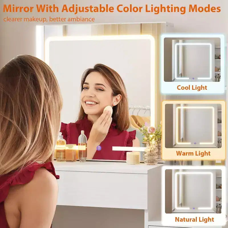 Coiffeuse moderne DobleePy avec miroir coulissant et lumières LED, 4 tiroirs, 7 étagères, station de recharge et tabouret, table de maquillage pour chambre à coucher