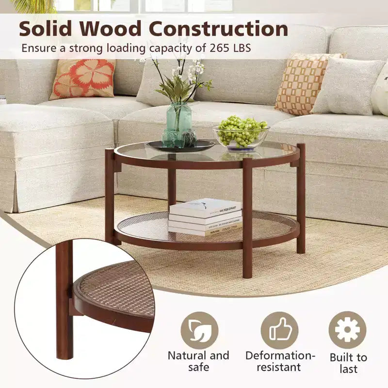 Table basse ronde de 31 po avec plateau en verre trempé et tablette en rotin