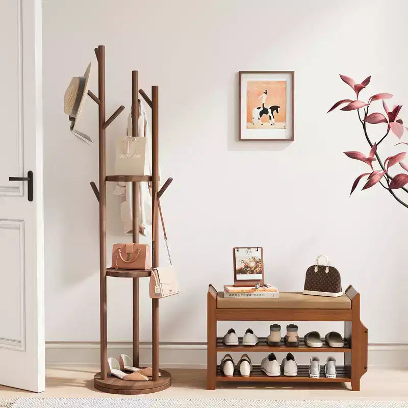 Banc à chaussures en bambou ELECWISH 31,5 avec rangement - Étagère à chaussures à 2 niveaux, tiroir caché et organisateur latéral, marron