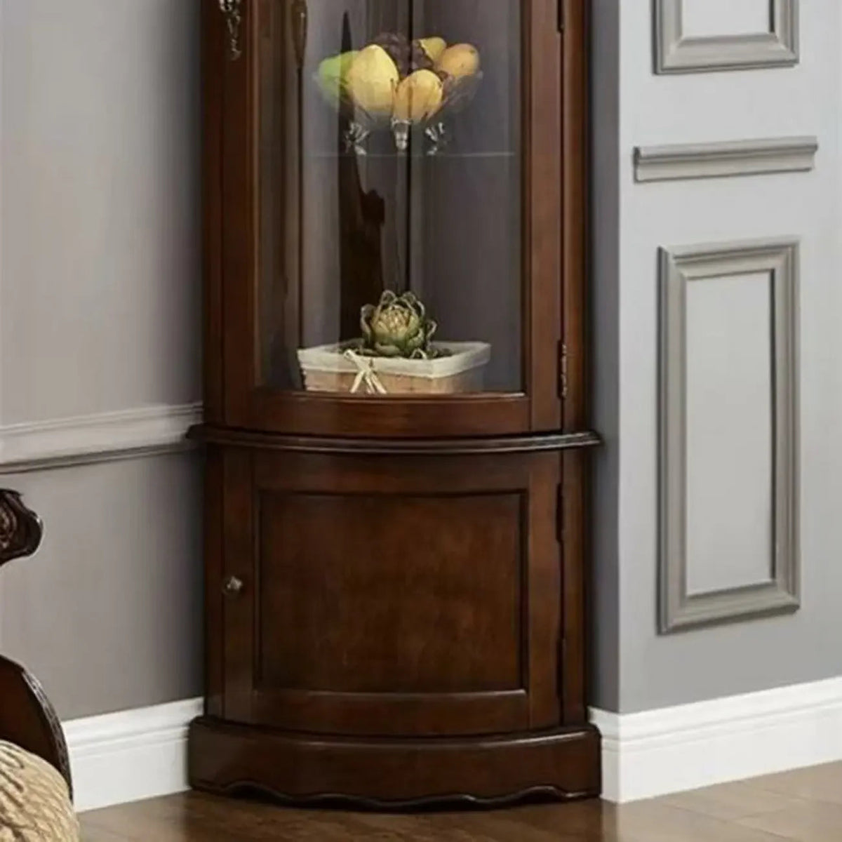 Meuble d'angle classique en bois d'hévéa marron avec porte vitrée