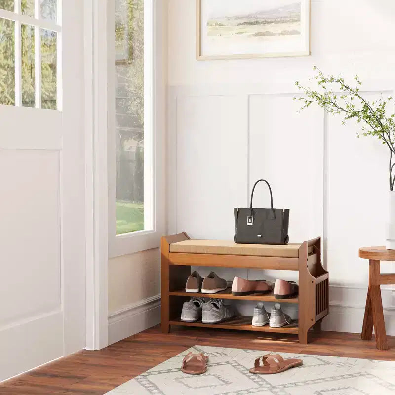 Banc à chaussures en bambou ELECWISH 31,5 avec rangement - Étagère à chaussures à 2 niveaux, tiroir caché et organisateur latéral, marron