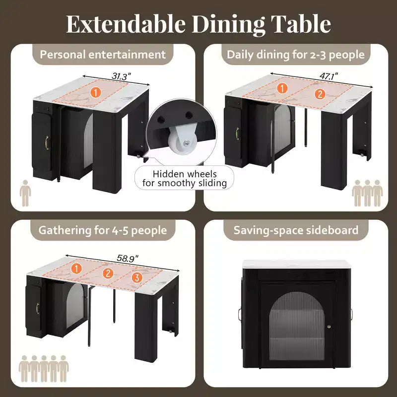 Table à manger extensible Whisen, table îlot mobile roulante avec 3 rallonges amovibles, meuble de rangement