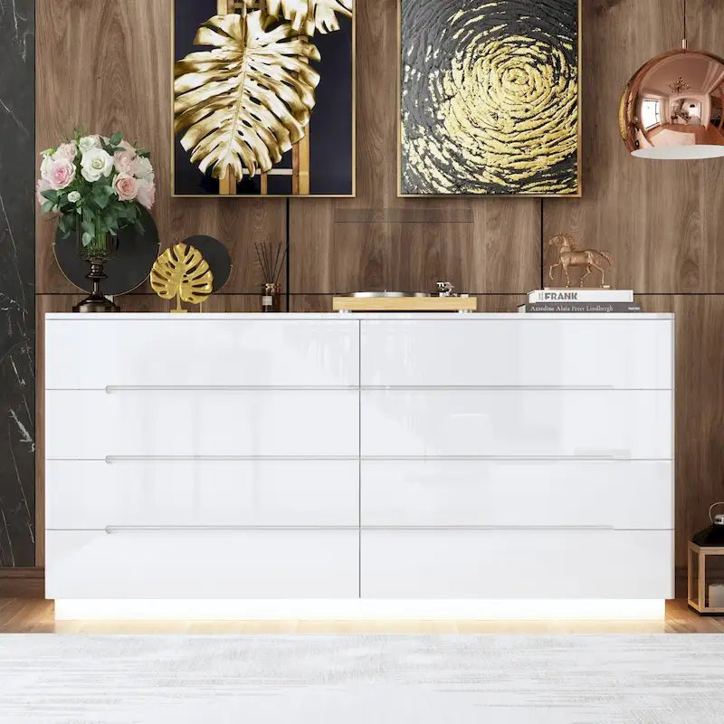 Commode haute brillance 63 po avec 8 tiroirs lumineux et plateau spacieux