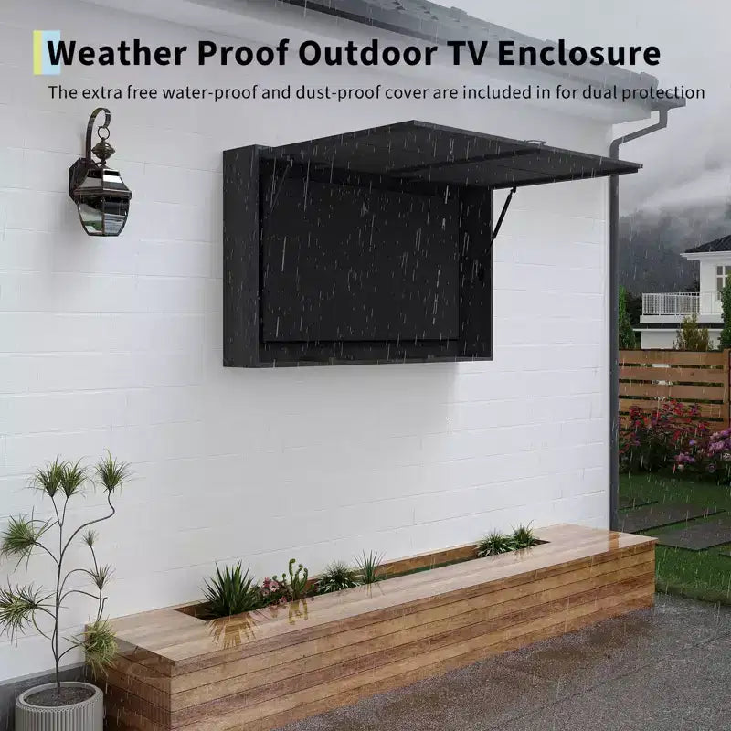 Meuble TV d'extérieur 55 pouces, cache-télévision en bois massif résistant aux intempéries avec support réglable 4D et porte rabattable (convient aux téléviseurs de 44 à 55 pouces)