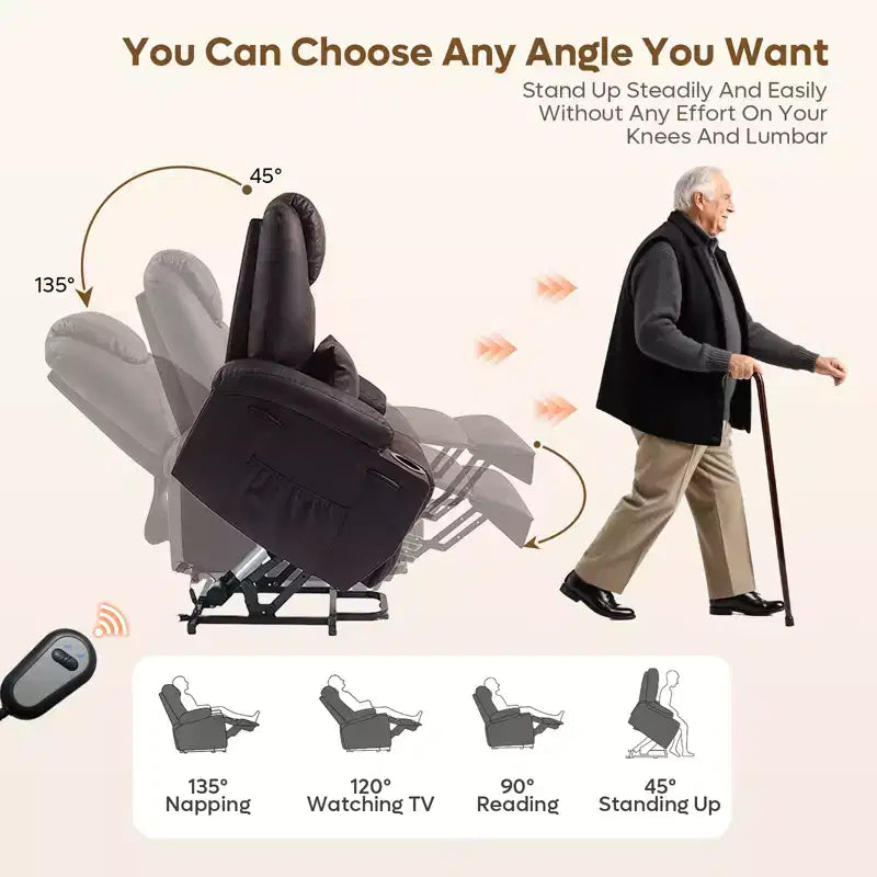 Fauteuil inclinable électrique avec assistance au levage Bestier 34,6 po avec massage et chaleur, fauteuil inclinable en similicuir avec poches latérales et porte-gobelets