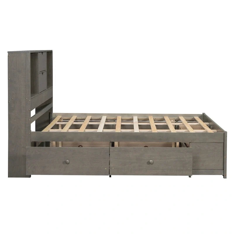 Lit moderne queen size gris en bois avec tête de lit de rangement et 8 tiroirs