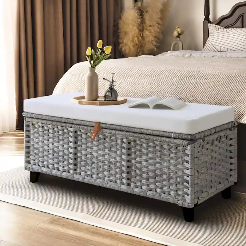 Banc de rangement en osier avec coussin pour chambre à coucher, salon, véranda - 47 H X 110 L X 47 P