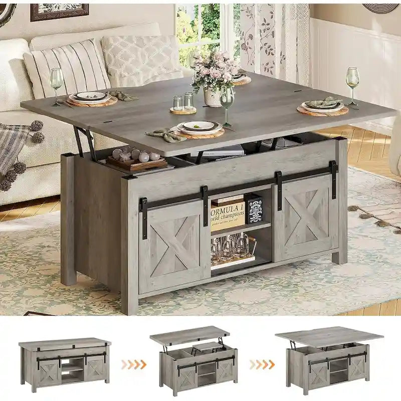 Table basse relevable 2 portes coulissantes style grange Table à manger avec rangement