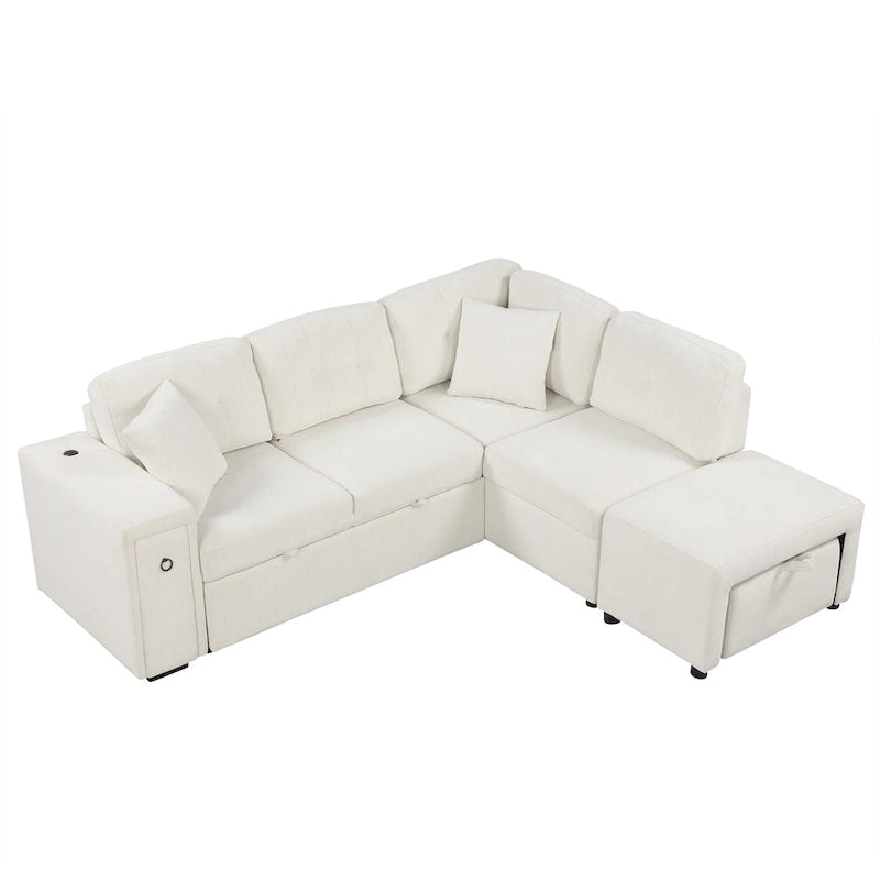 Canapé d'angle 4 places avec lit gigogne, pouf, ports USB et tablette rabattable