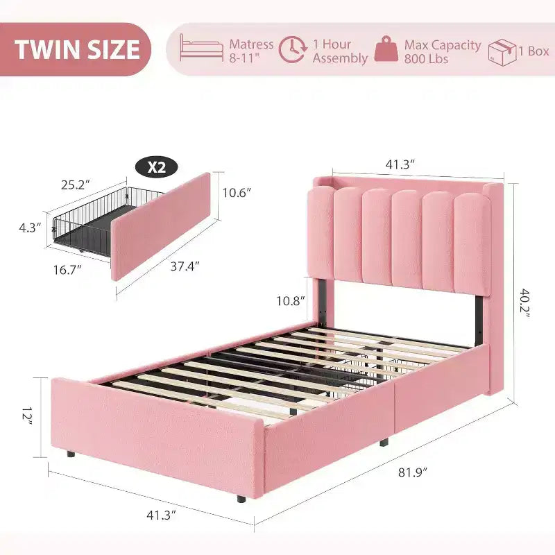 Cadre de lit avec tête de lit de rangement, cadre de lit pour enfant avec 2 tiroirs, lit plateforme capitonné en tissu, tête de lit profilée avec bibliothèque