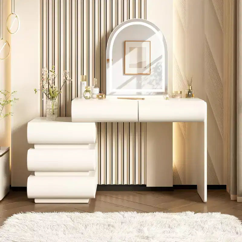 Table de maquillage moderne en cuir avec miroir éclairé par LED et 5 tiroirs