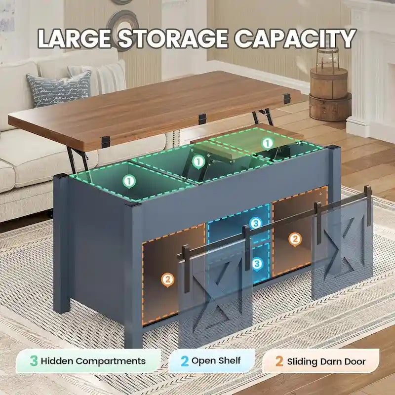 Table basse relevable 2 portes coulissantes style grange Table à manger avec rangement