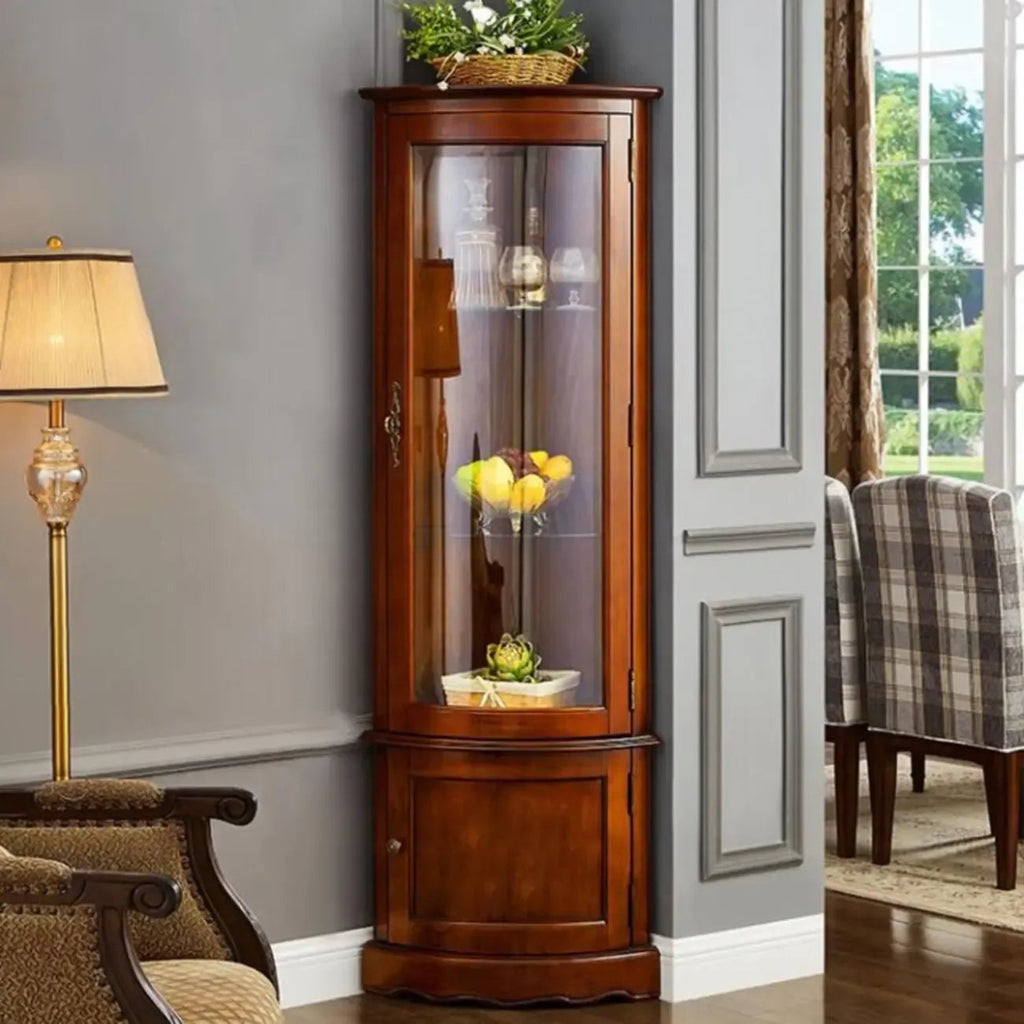 Meuble d'angle classique en bois d'hévéa marron avec porte vitrée