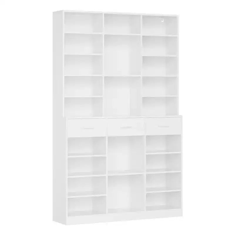 Bibliothèque 9 niveaux noir/blanc avec 3 tiroirs, étagères réglables