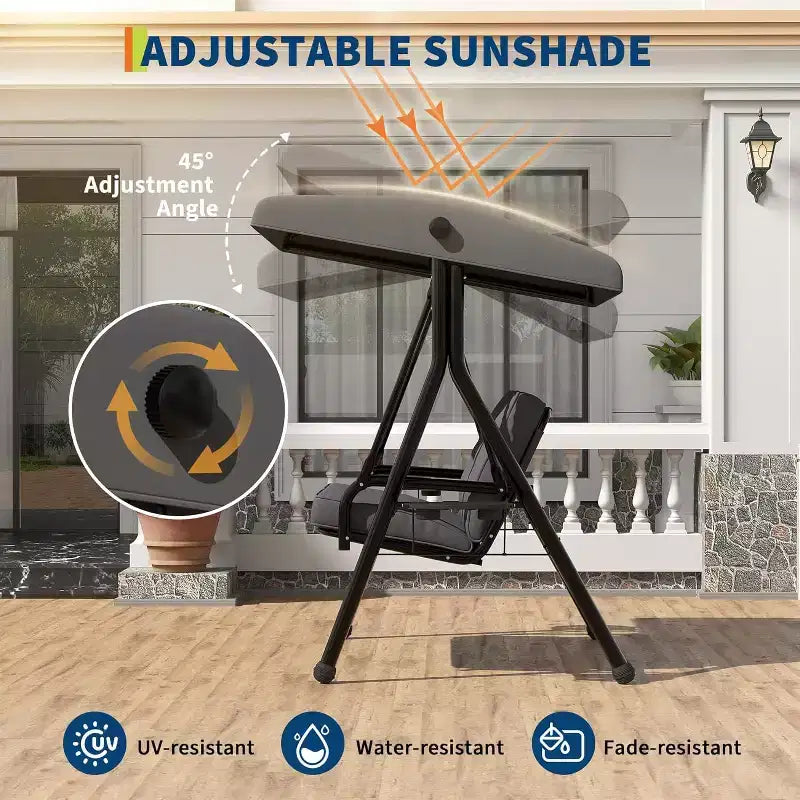 Balançoire de jardin 2 places avec auvent, assise rembourrée, cadre en fer robuste, banc d'extérieur résistant aux intempéries pour patio, balcon ou arrière-cour