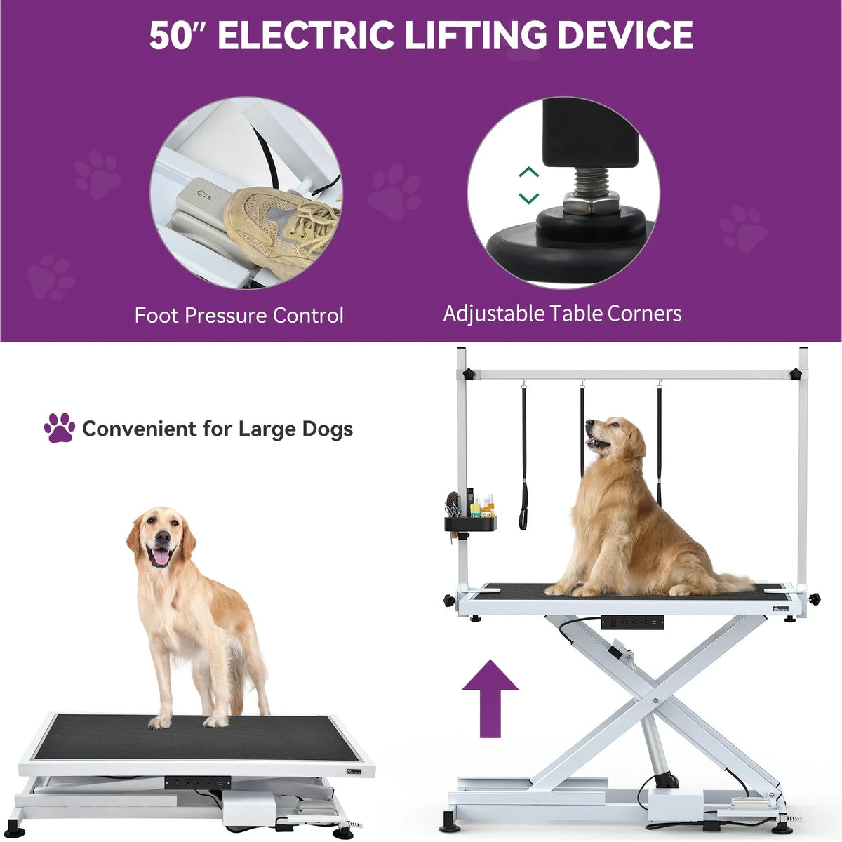 Table de toilettage professionnelle électrique pour grands chiens - Table de toilettage robuste pour animaux de compagnie avec bras de toilettage en aluminium - 50W