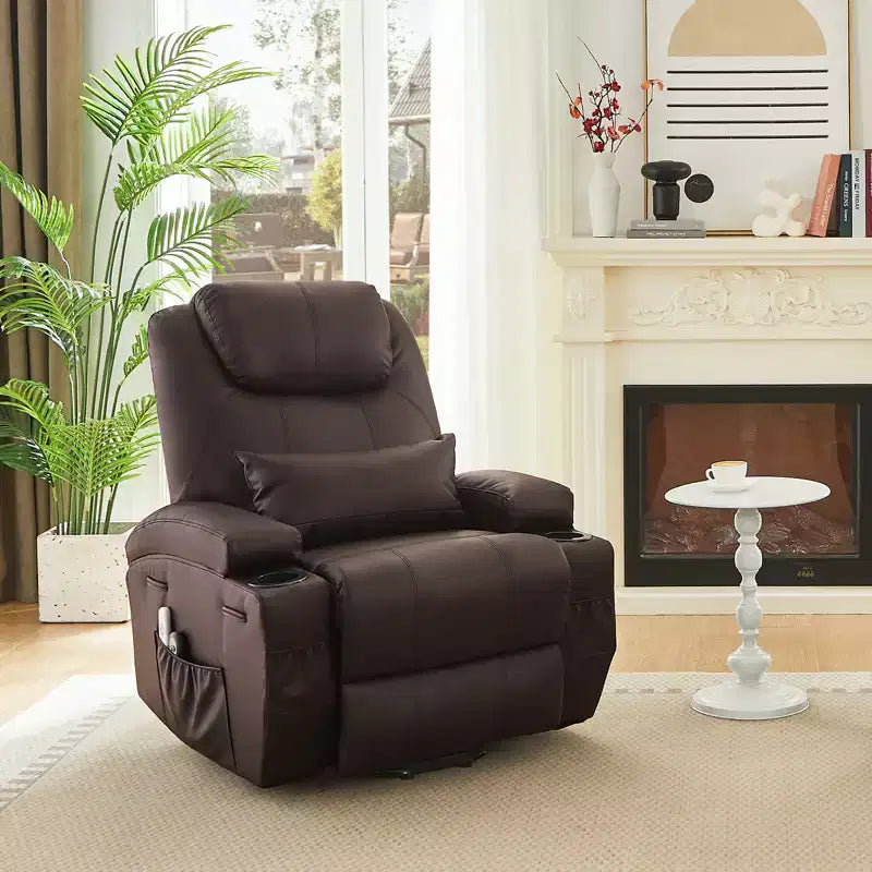 Fauteuil inclinable électrique avec assistance au levage Bestier 34,6 po avec massage et chaleur, fauteuil inclinable en similicuir avec poches latérales et porte-gobelets