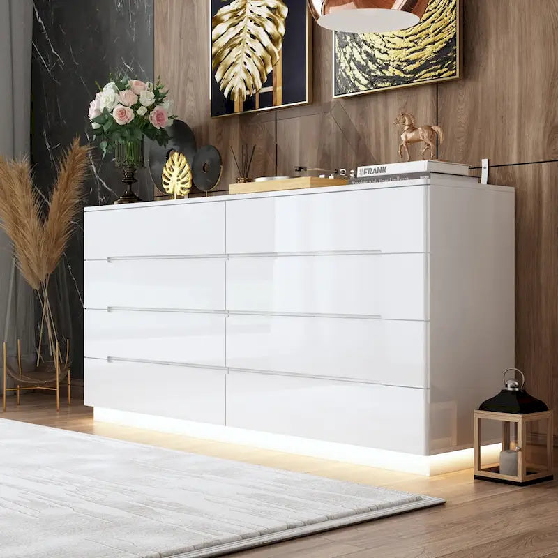 Commode haute brillance 63 po avec 8 tiroirs lumineux et plateau spacieux