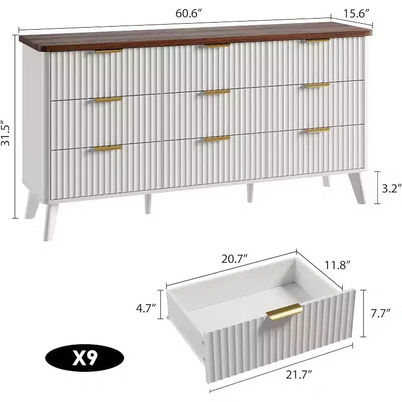 Commode cannelée à 9 tiroirs, 154 cm de large, en bois, avec rangement profond, pour chambre à coucher, salon ou couloir