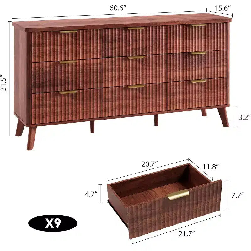 Commode cannelée à 9 tiroirs, 154 cm de large, en bois, avec rangement profond, pour chambre à coucher, salon ou couloir