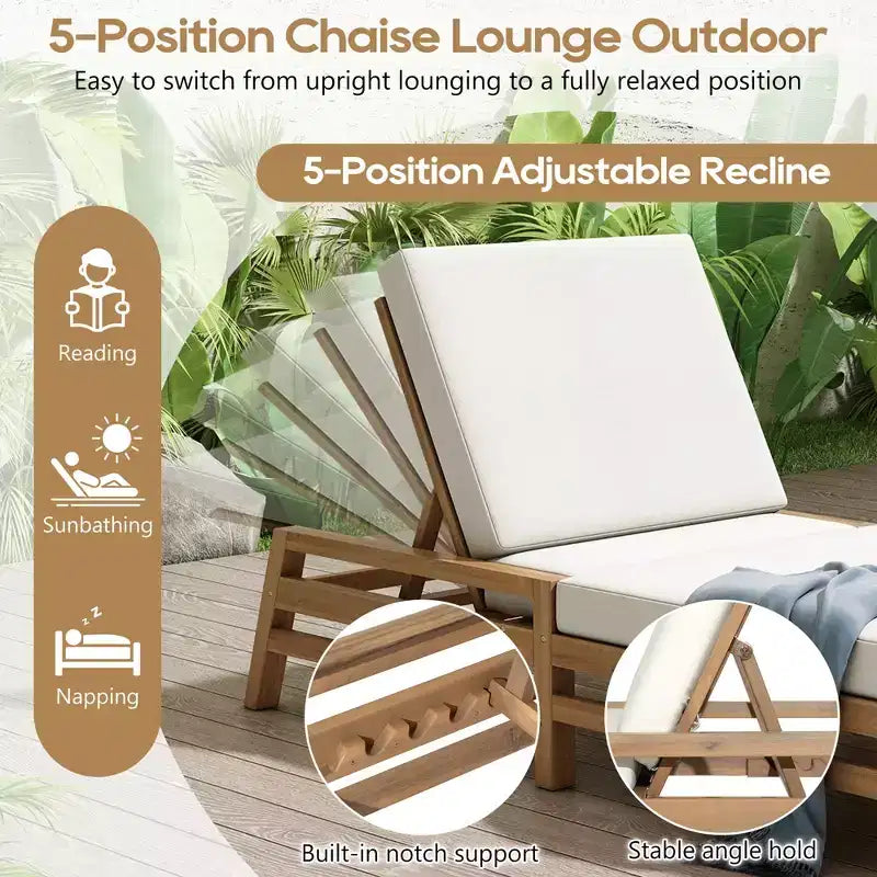 Chaise longue d'extérieur Merax en acacia 5 positions avec coussins épais