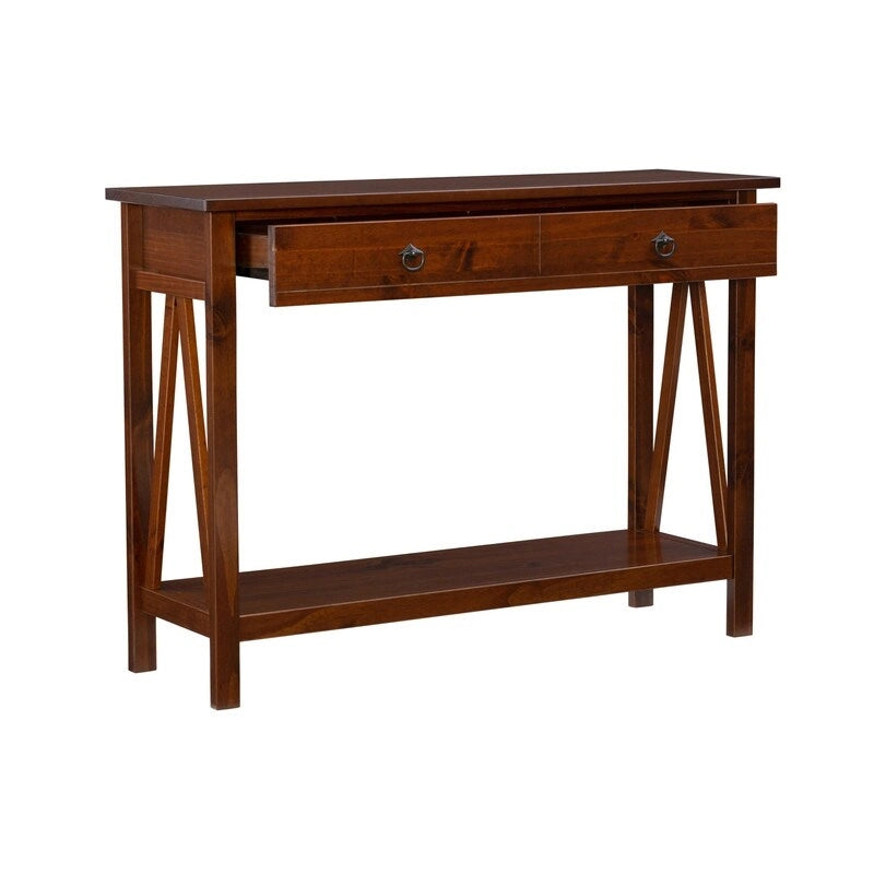Console en bois marron tabac antique avec tiroir et étagère ouverte