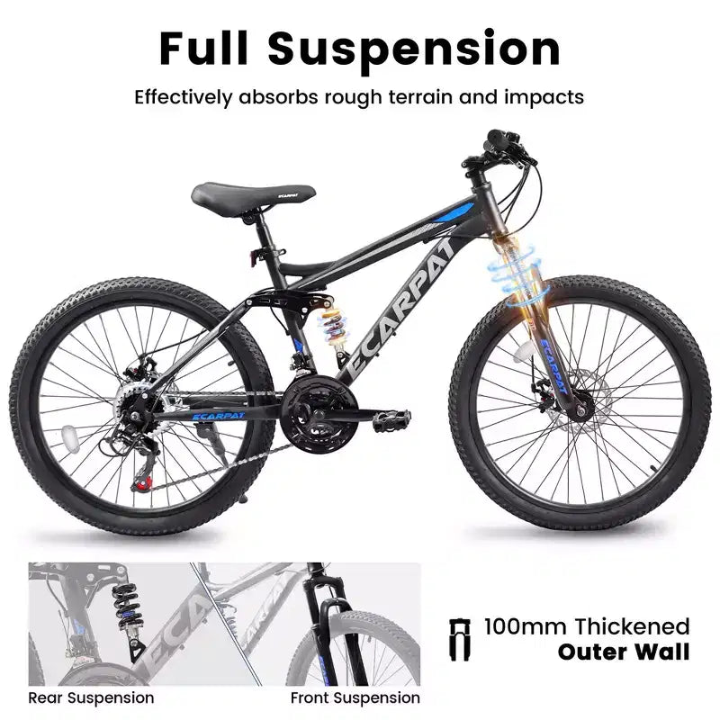 VTT Okak 24 pouces en acier au carbone avec suspension intégrale, vélo homme avec leviers de vitesses 21 vitesses et freins à disque, vélo pour enfants et adultes