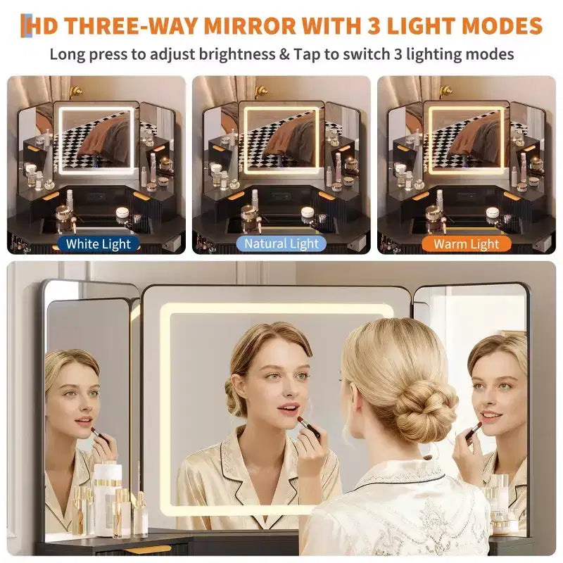Coiffeuse d'angle 47 po avec miroir et lumière, table de maquillage en bois avec plateau en verre et station de charge, coiffeuse pour chambre à coucher