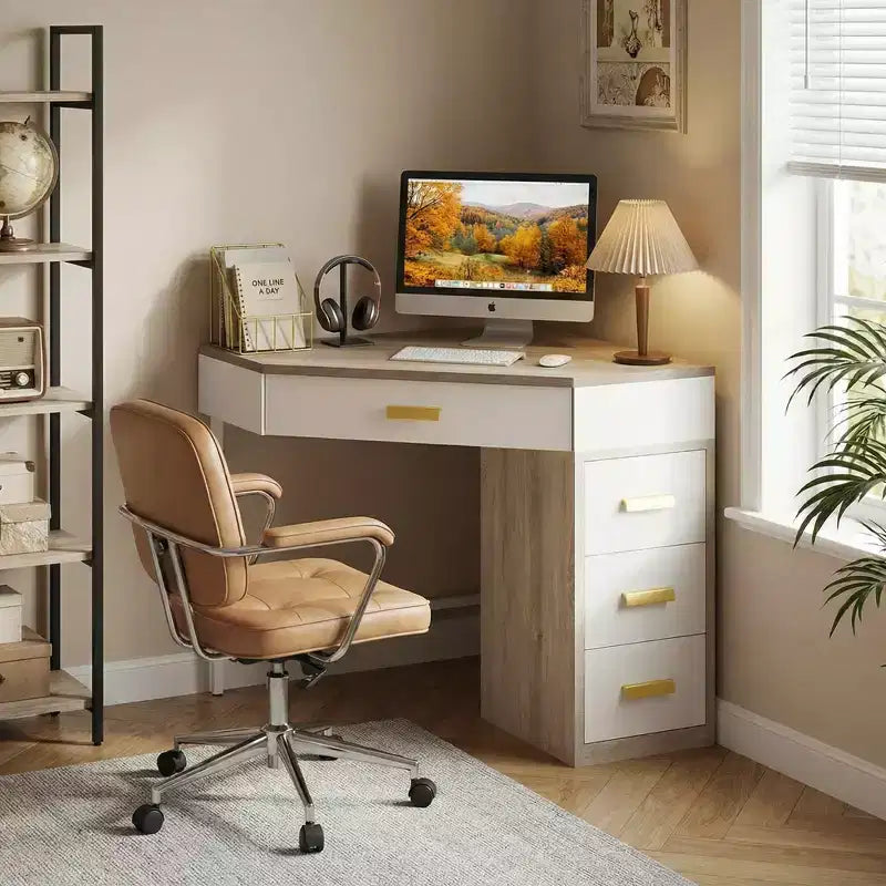MAYEERTY Bureau d'angle triangulaire 90 avec 4 tiroirs, bureau informatique/coiffeuse