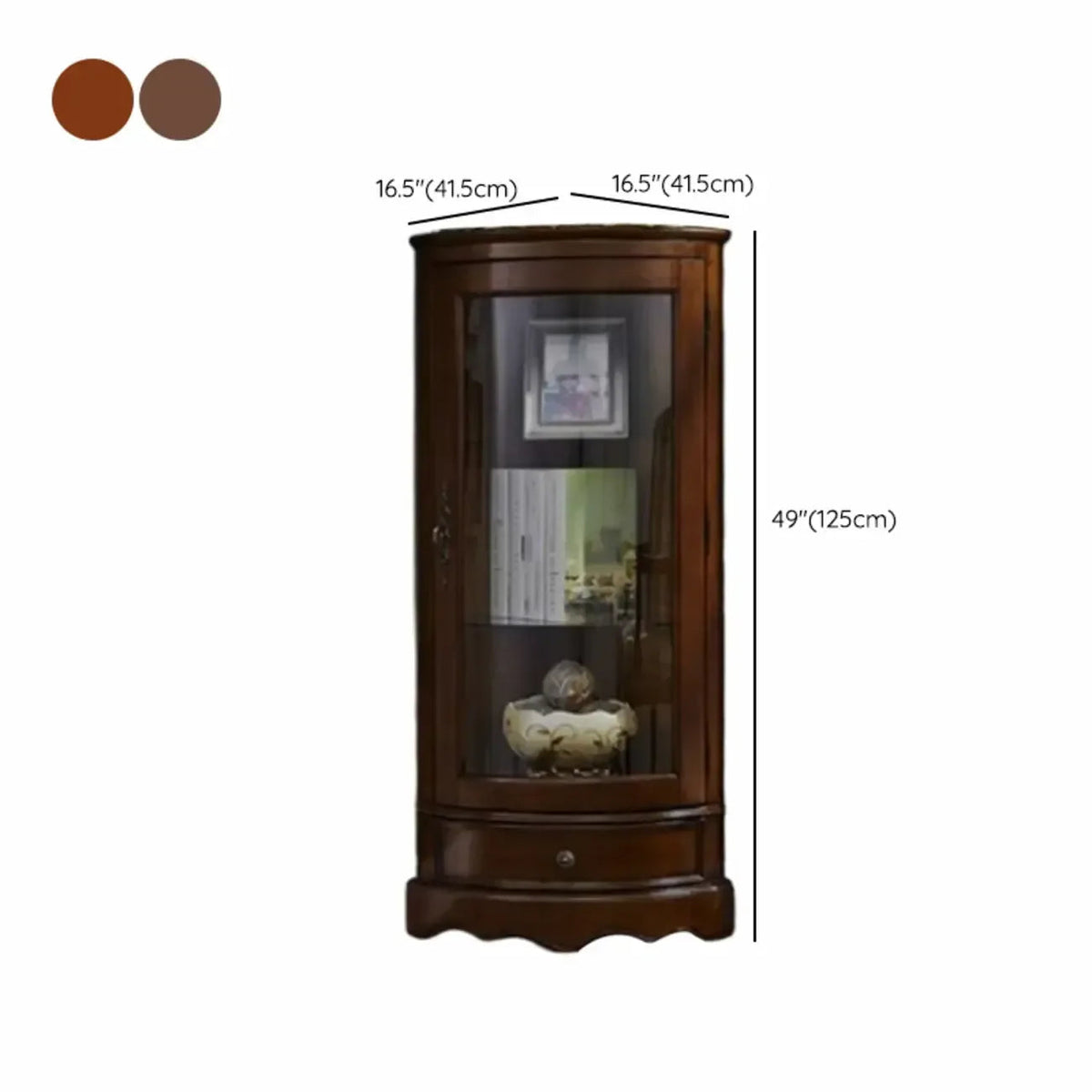 Meuble d'angle classique en bois d'hévéa marron avec porte vitrée