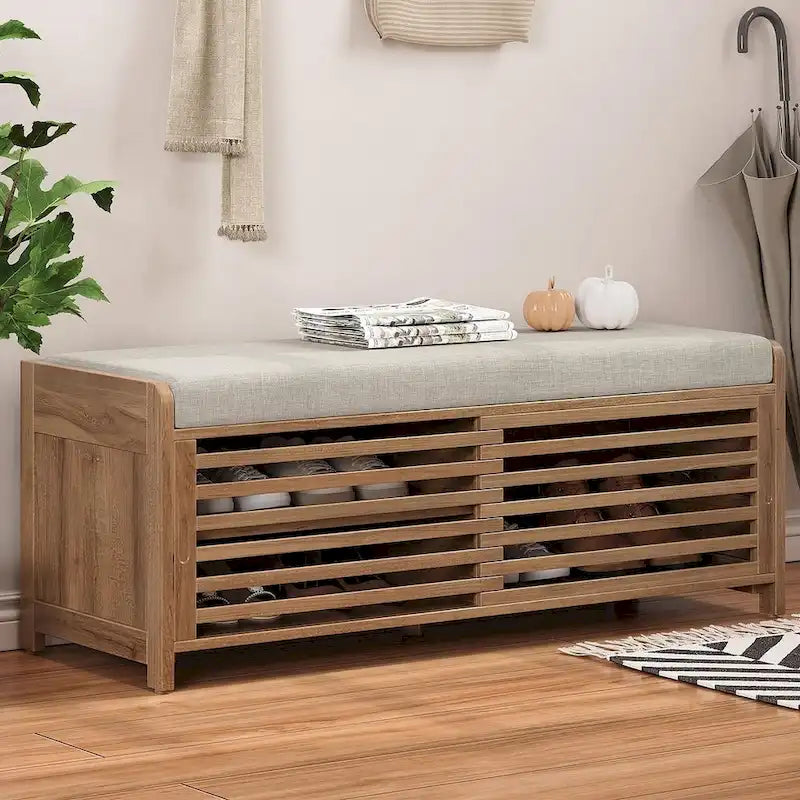 Banc de rangement en bois massif 43.30 avec stores contemporains à l'aspect vieilli