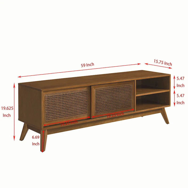 Meuble TV vintage en rotin avec 2 placards de rangement et 4 pieds en bois pour salon, chambre et bureau