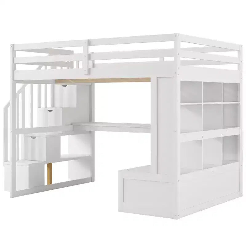 Lit mezzanine pleine grandeur avec escalier et bureau, cadre de lits mezzanine en bois avec tiroirs de rangement et étagères pour adultes, adolescents et enfants