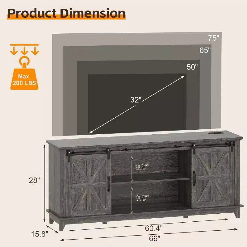 Meuble TV de ferme de 66 pouces pour téléviseurs de 75 pouces, console média avec porte de grange coulissante, prises de courant et placards de rangement réglables