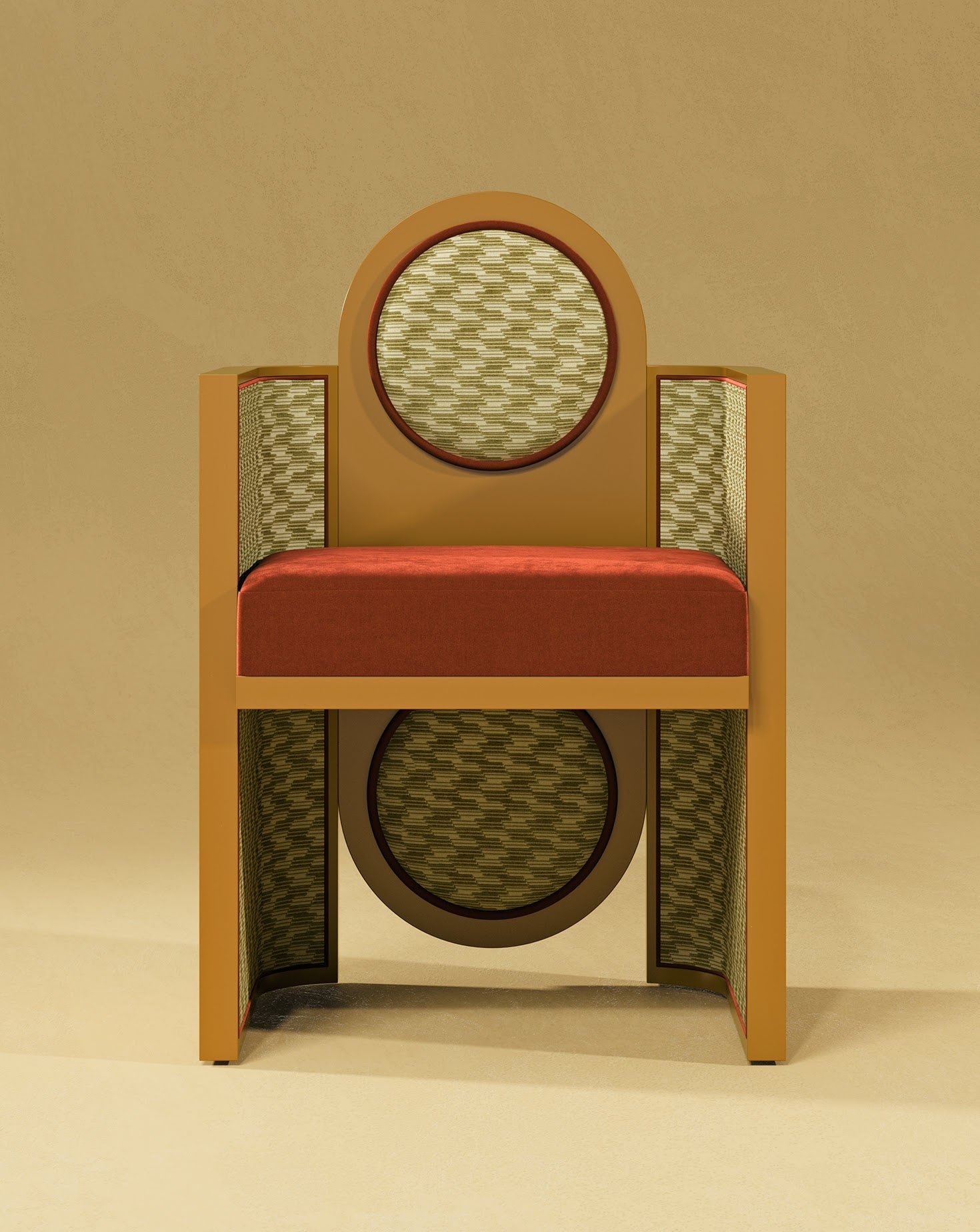 Recycled Geometric Velvet Lacquered Wood Sculptural Dining Chair