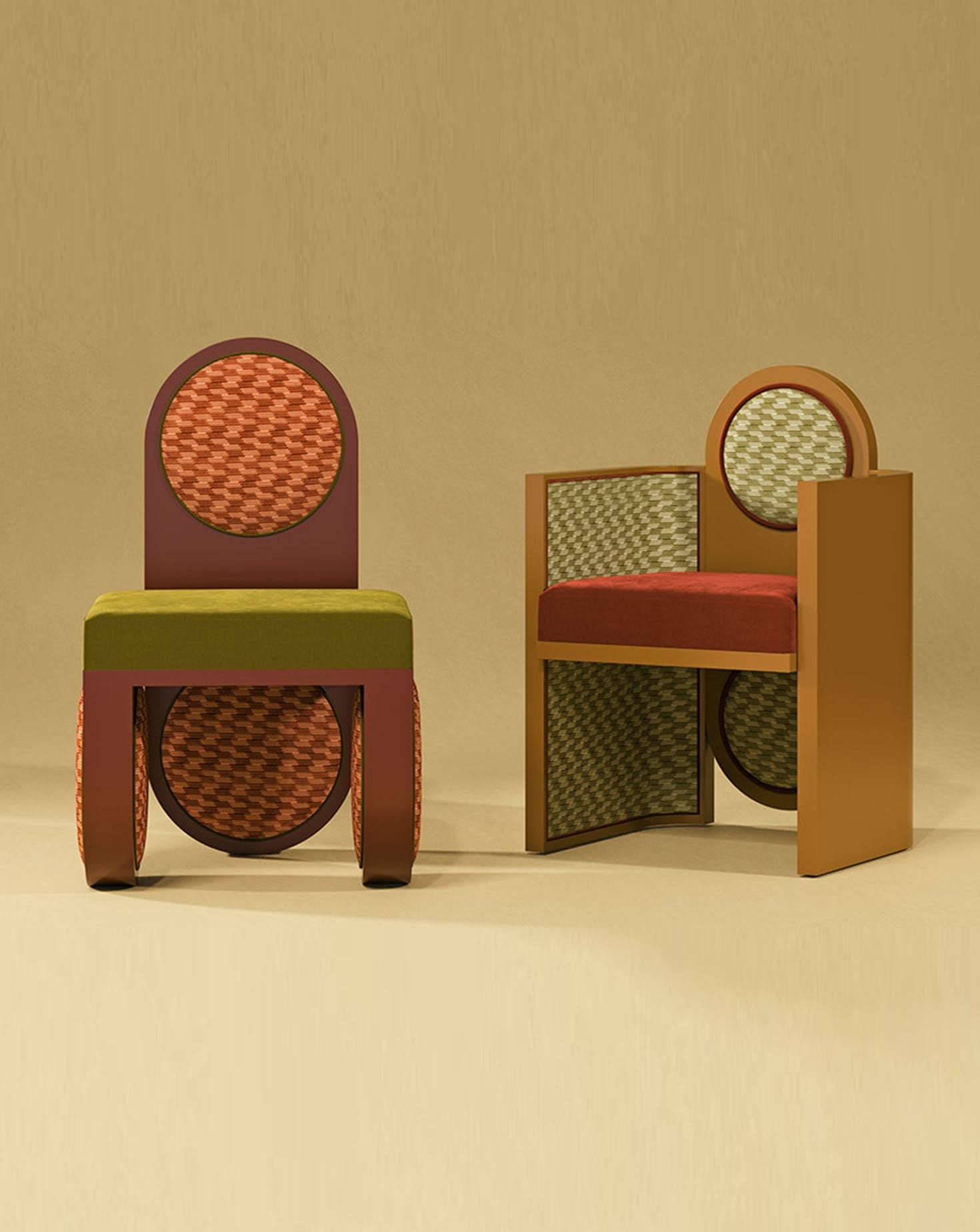 Recycled Geometric Velvet Lacquered Wood Sculptural Dining Chair