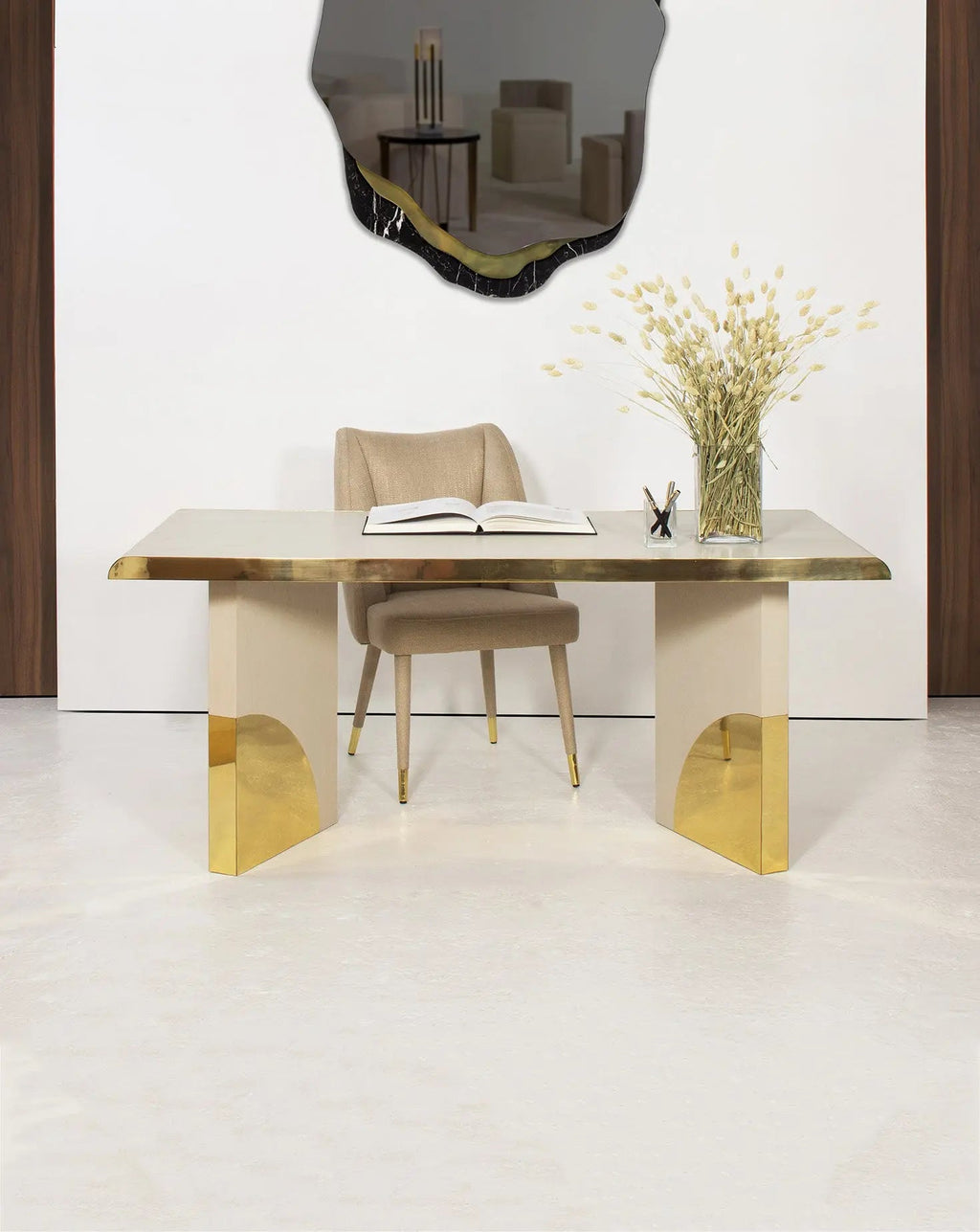 Cream Oak Polished Brass Architectural Writing Desk