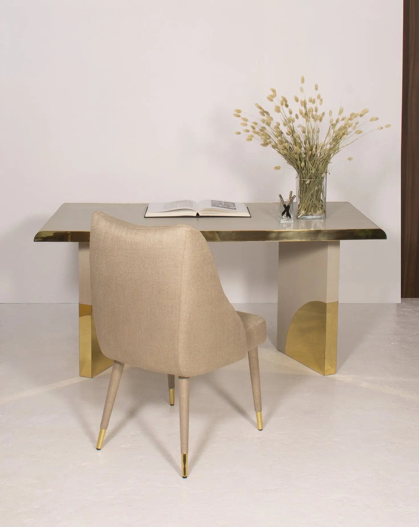 Cream Oak Polished Brass Architectural Writing Desk