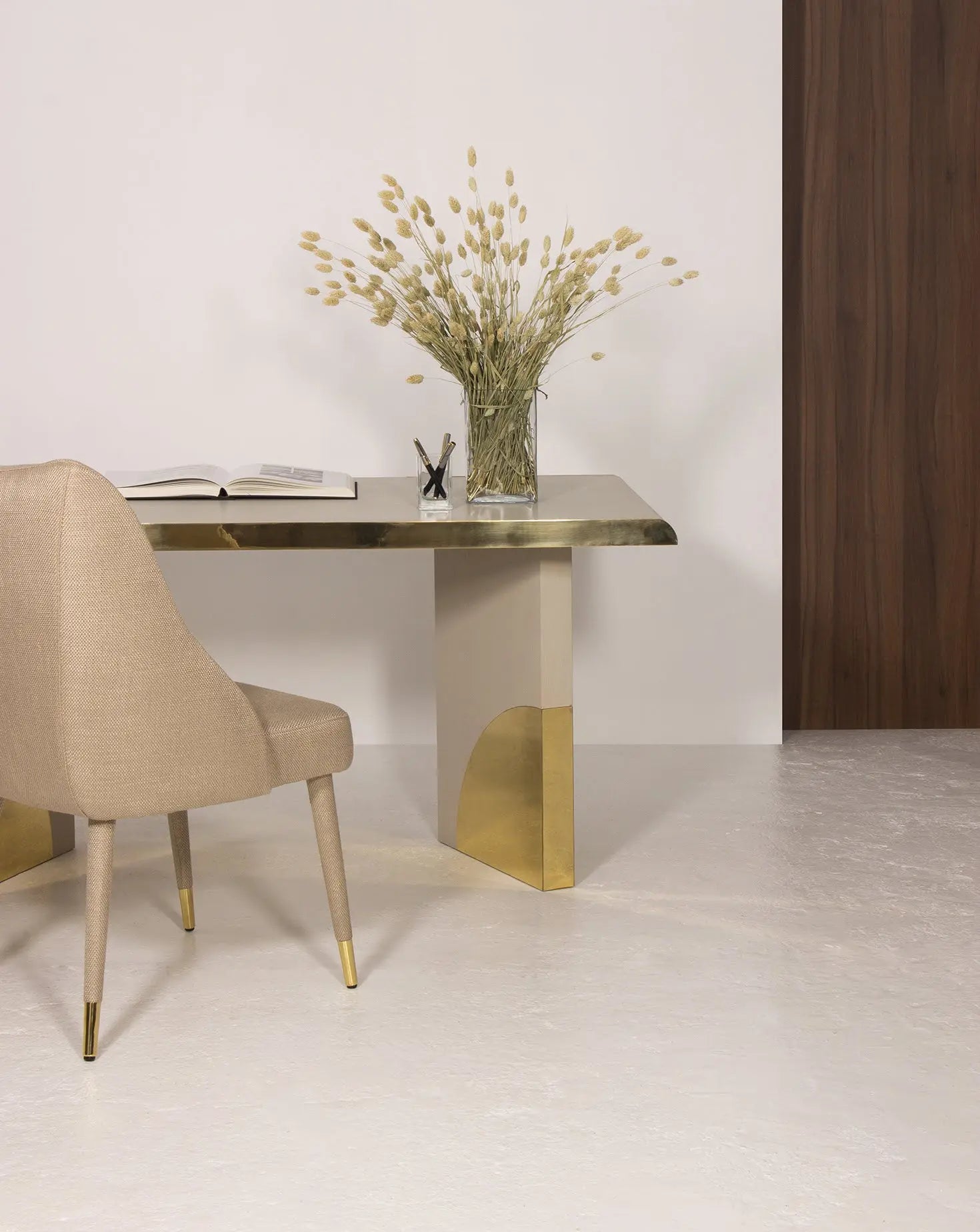Cream Oak Polished Brass Architectural Writing Desk