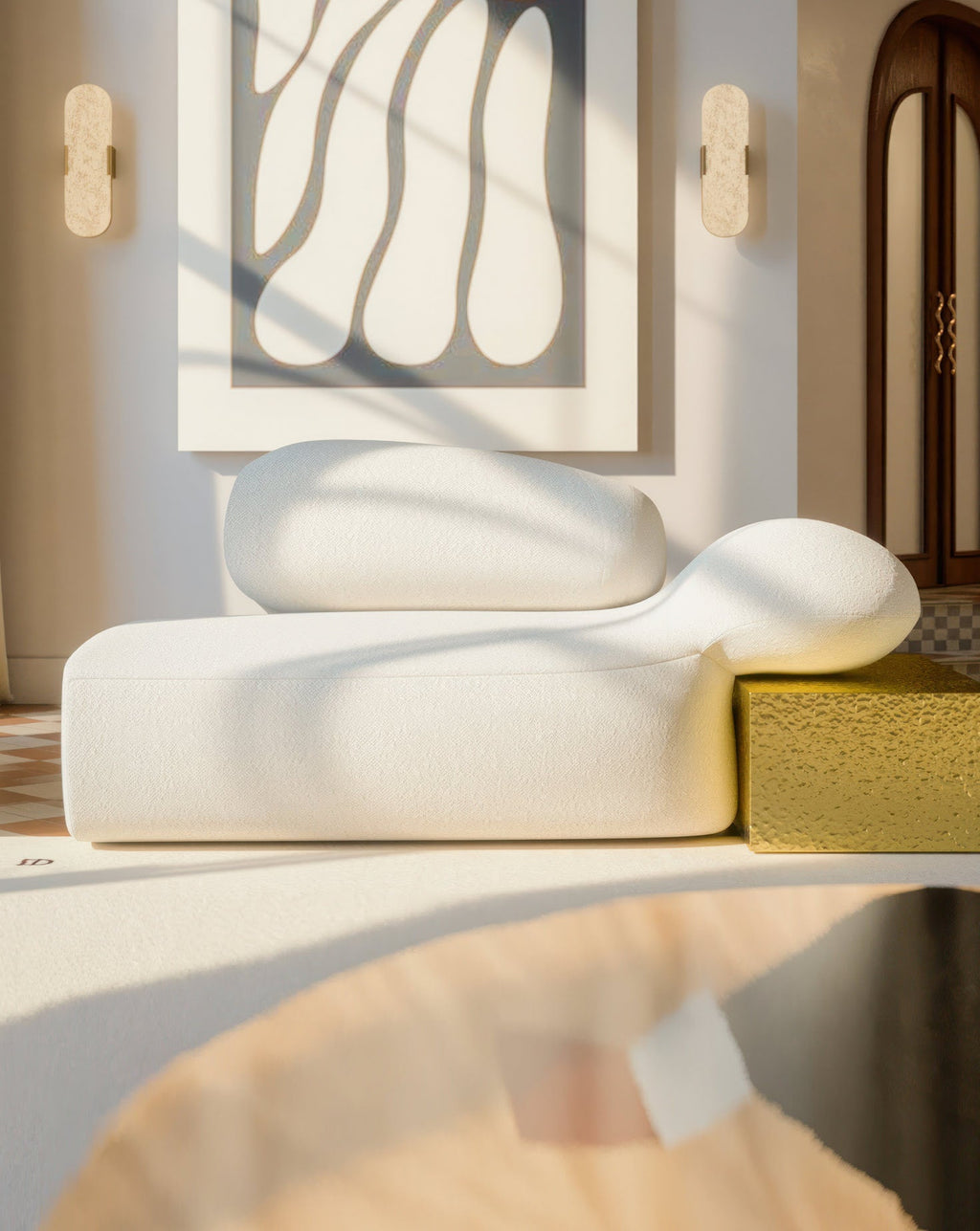 Sculptural Fabric Brass Accent Chaise Longue