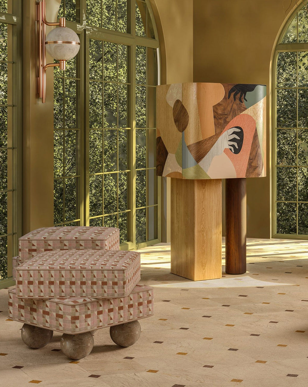 Jacquard Velvet Sculptural Accent Stool Small