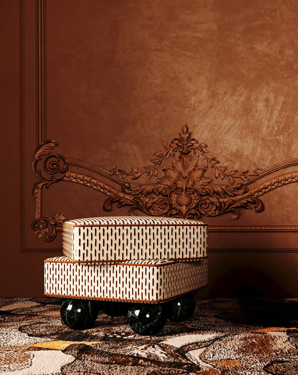 Jacquard Velvet Sculptural Accent Stool Small